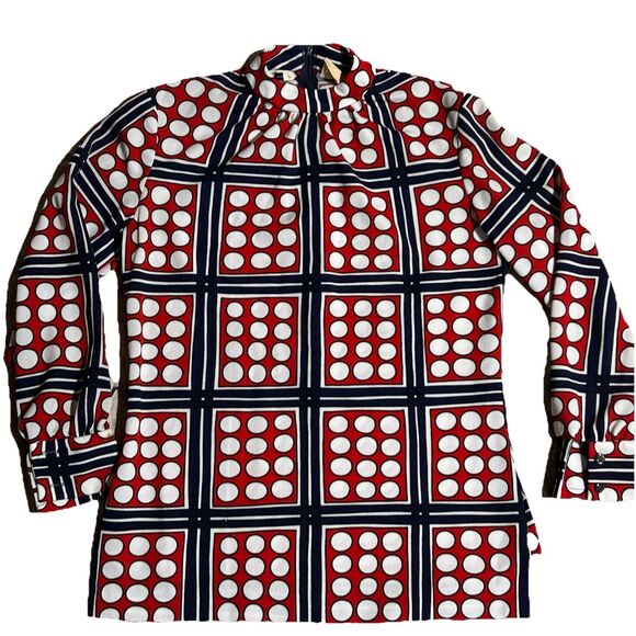 Vintage 70s Ralph Originals Dot Grid Print Mock Neck Blouse 8 USA Retro - Picture 1 of 9